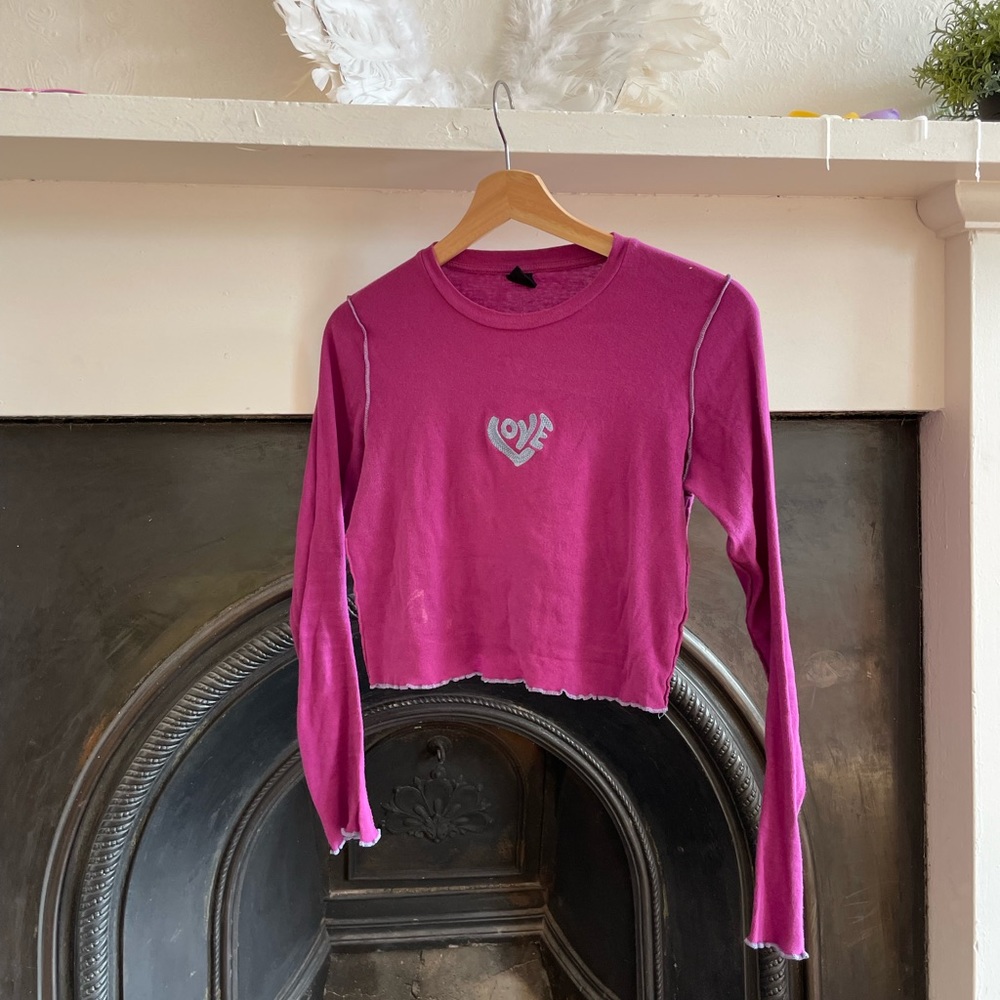 Contrast hem long sleeve embroidered “love” purple shirt